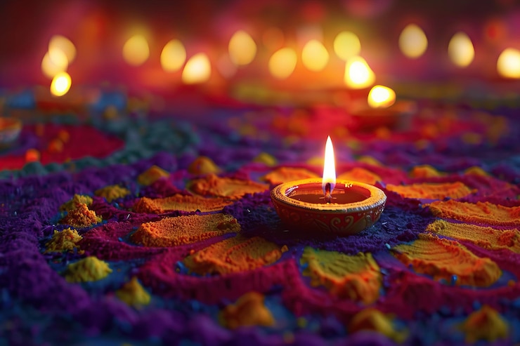 Foto lâmpadas de diya acesas em rangoli coloridos durante a celebração de diwali