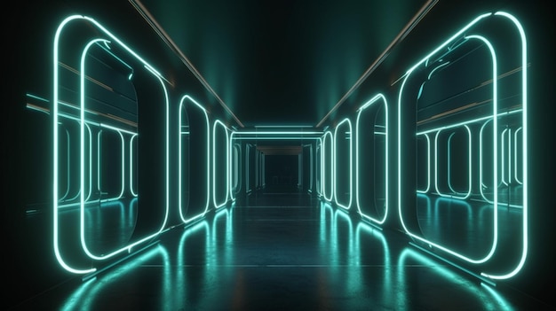 Lâmpadas de néon Sci Fy em um túnel escuro Reflexões no chão e nas paredes renderização em 3d