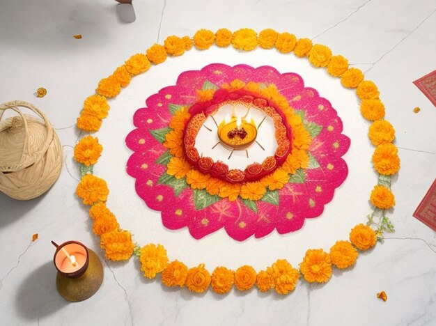 Lâmpadas de óleo feitas à mão decoradas com Rangoli na noite festiva do festival hindu Diwali ou Deepavali