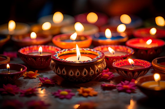 Lâmpadas de óleo indianas tradicionais para o festival de diwali em fundo escuro Festival tradicional hindu