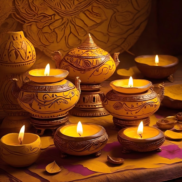 Lâmpadas de óleo tradicionais radiantes de Diwali abraçam a tela amarela vibrante