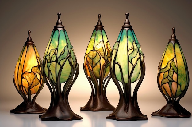 Foto lâmpadas de vidro colorido estilo tiffany brilhando suavemente criadas com ia gerativa