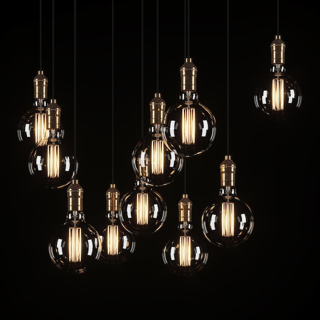 Lâmpadas decorativas vintage em estilo Edison em um fundo preto. renderização 3D.