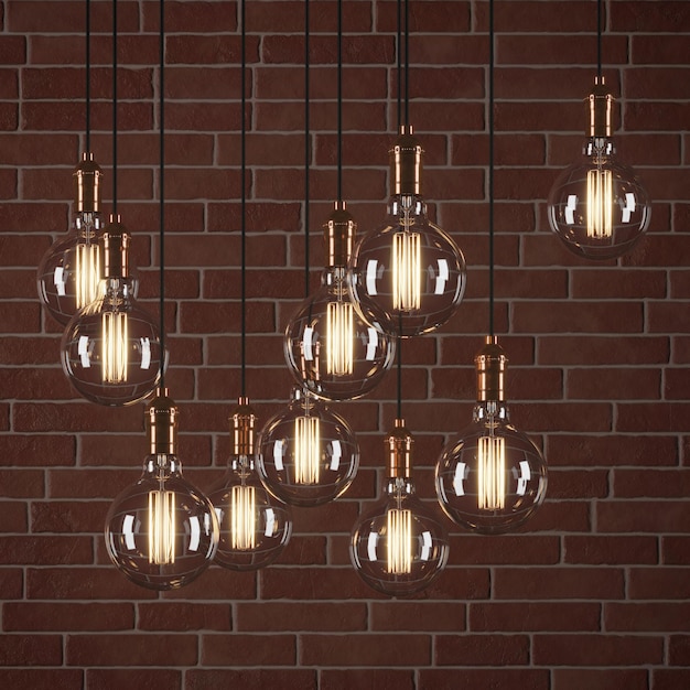 Lâmpadas decorativas vintage em estilo edison no fundo da parede de tijolo. renderização 3D.