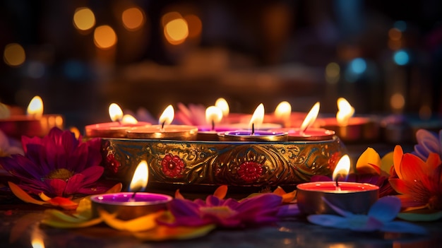 Lâmpadas diya coloridas acesas durante a celebração do diwali