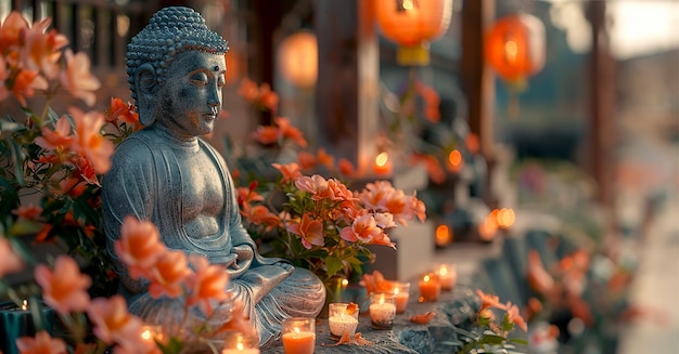 Foto lâmpadas, flores e velas na frente de estátuas de buda em um templo budista no feriado de vesak em homenagem à iluminação de nascimento e morte de buda.