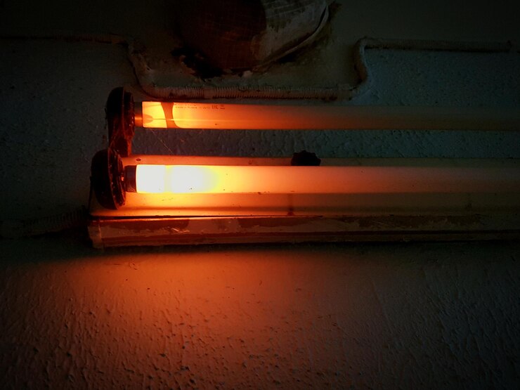Foto lâmpadas fluorescentes antigas de gradiente vermelho claro