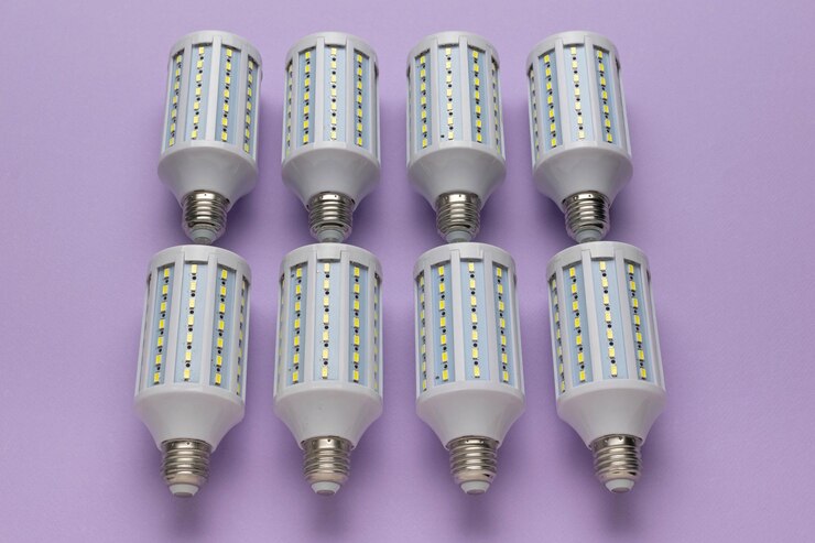 Foto lâmpadas led eficientes em termos energéticos com fundo de lavanda soluções modernas de iluminação sustentável