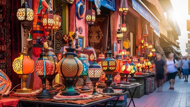 Foto lâmpadas marroquinas tradicionais de lembrança no mercado oriental em marrocos