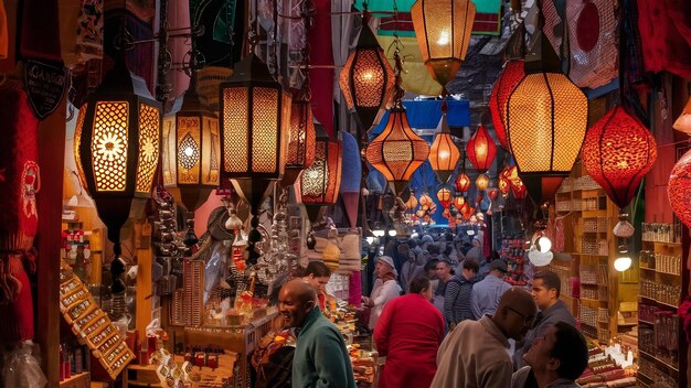 Foto lâmpadas marroquinas tradicionais de lembrança no mercado oriental em marrocos