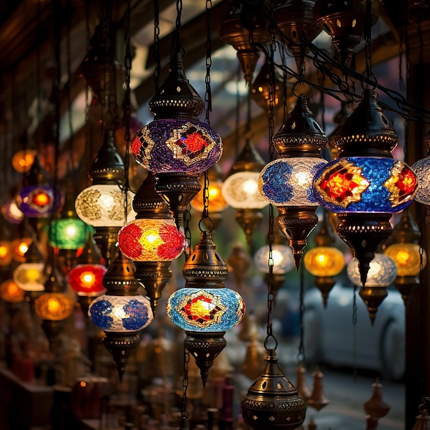 Lâmpadas multicoloridas penduradas no Grande Bazar