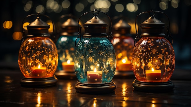 Lâmpadas ou lanternas do Eid para o Ramadã e outros feriados muçulmanos islâmicos com espaço de cópia para geração de texto
