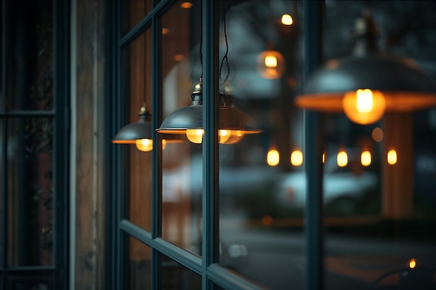 Lâmpadas penduradas na janela de um café elegante