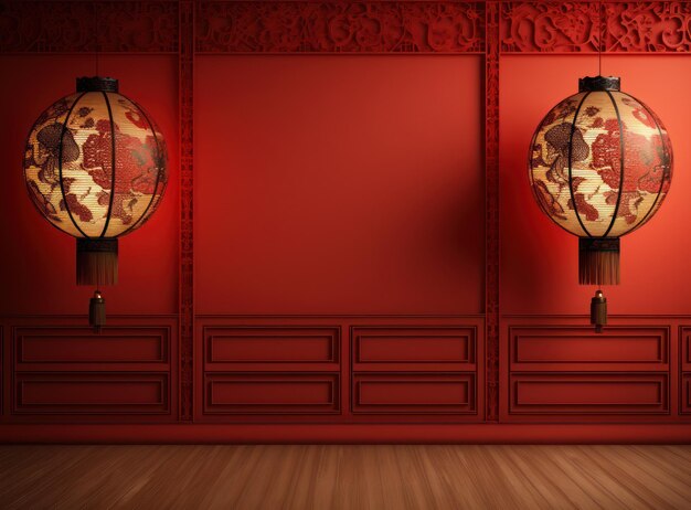 Foto lâmpadas penduradas na sala vermelha no estilo de feriados chineses