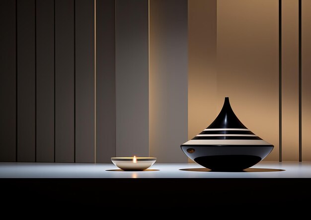 Una lámpara de aceite de Diwali capturada en un entorno modernista con líneas limpias y formas geométricas. La luz.