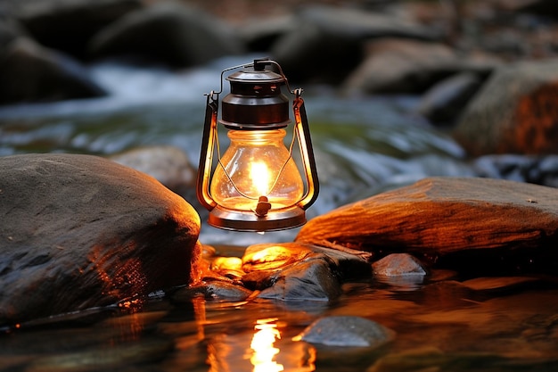 Foto lámpara de aceite junto a un arroyo de montaña