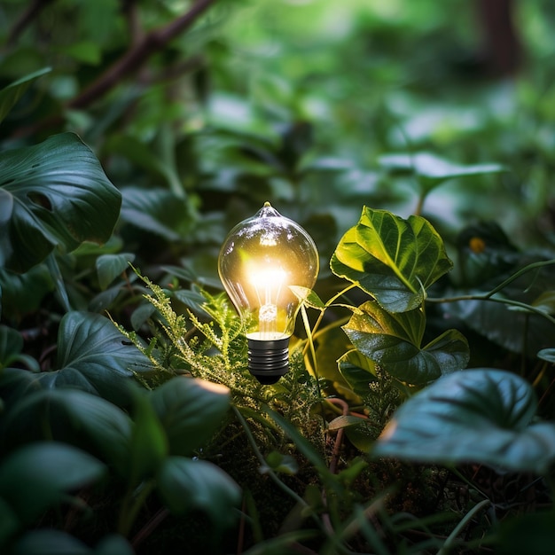 Foto lámpara de ahorro de energía verde en el fondo de la naturaleza