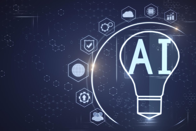 Lámpara AI abstracta sobre fondo azul Concepto de ciencia e inteligencia artificial Representación 3D