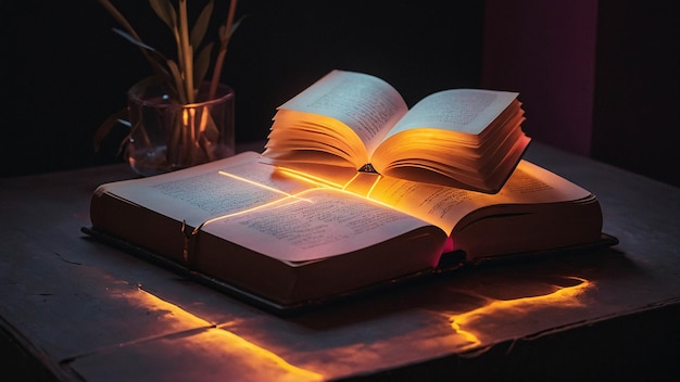 Lámpara de amor brillante con libro abierto Nuance cómodo romántico y cálido en una habitación para leer