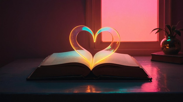 Lámpara de amor brillante con libro abierto Nuance cómodo romántico y cálido en una habitación para leer