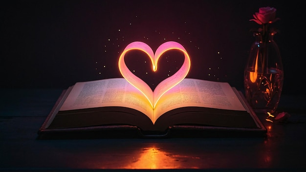 Lámpara de amor brillante con libro abierto Nuance cómodo romántico y cálido en una habitación para leer
