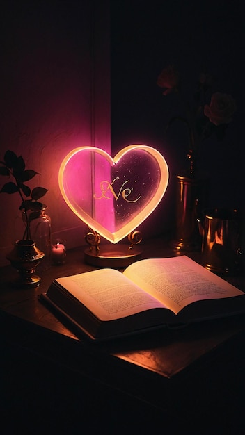 Foto lámpara de amor brillante con libro abierto nuance cómodo romántico y cálido en una habitación para leer