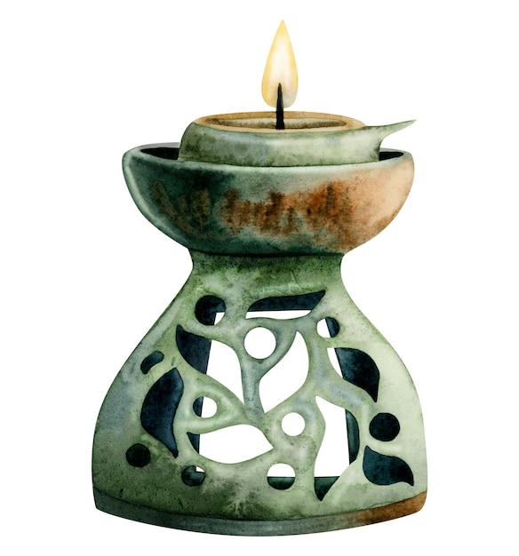 Lámpara de aroma de cerámica acuarela con vela encendida en verde y marrón ilustración dibujada a mano
