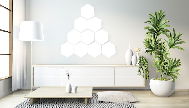 Lámpara de azulejos hexagonales en la pared y gabinete de madera de diseño minimalista en la moderna sala zen estilo japonés