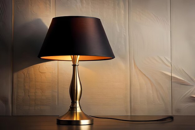 una lámpara con una base negra y una base dorada está iluminada por una lámpara.