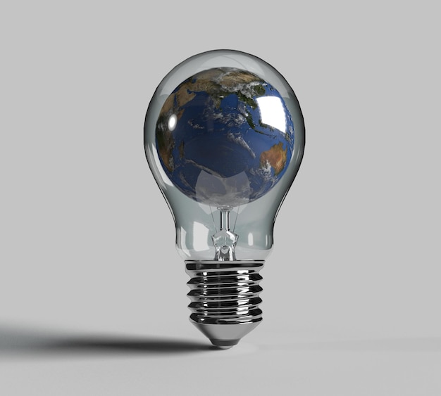 Lámpara bombilla mundo global tierra mapa planeta objeto icono símbolo decoración salvar tierra ecología innovación creativa idea verde energía sistema tecnología tiempo hora futuro medio ambiente3d render