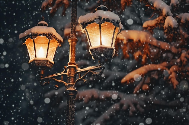 Lámpara de calle vintage en invierno nevada fondo de Navidad y Año Nuevo