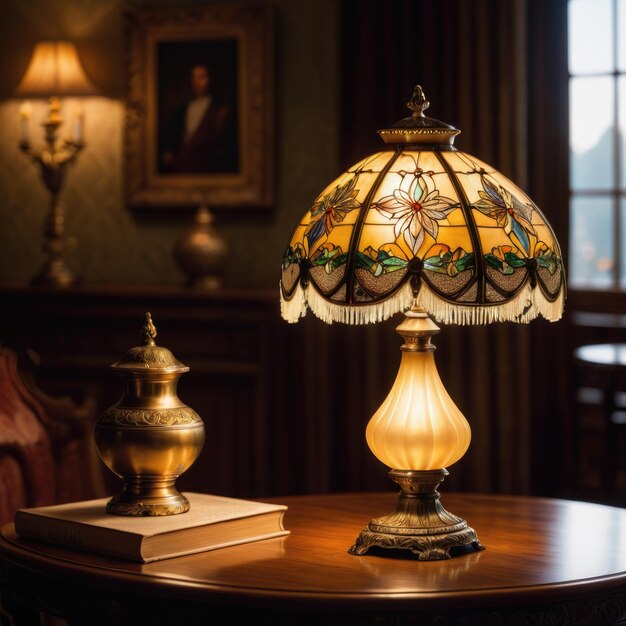 Una lámpara colocada elegantemente en una mesa que emite un resplandor cálido y acogedor