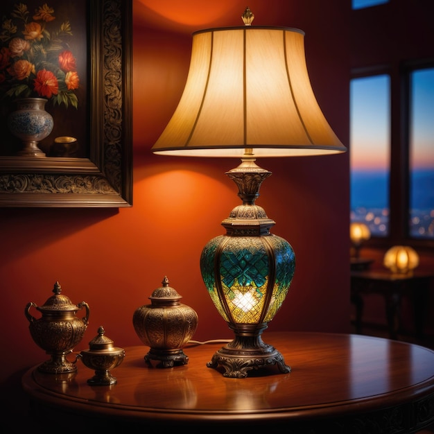 Una lámpara colocada elegantemente en una mesa que emite un resplandor cálido y acogedor