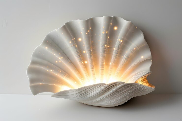 Foto una lámpara de concha de mar luminosa que arroja un brillo cálido en un entorno minimalista que destaca los detalles intrincados y el ambiente sereno