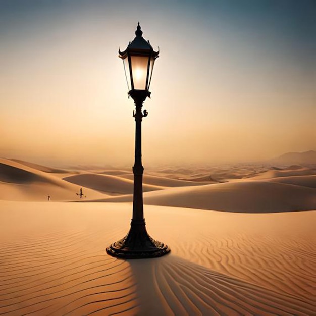 Una lámpara en el desierto con el sol poniéndose detrás