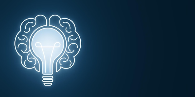 Lámpara digital creativa y holograma cerebral sobre un fondo oscuro con un lugar simulado Idea de innovación y concepto de visión Renderización 3D