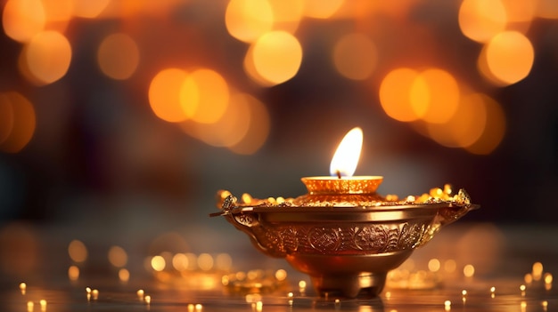 Una lámpara de diwali con una vela en el fondo