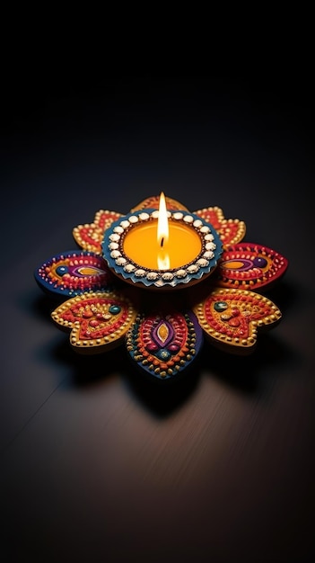 Una lámpara diwali con una vela en el medio.