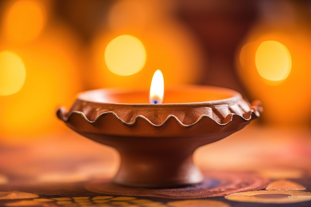 Una lámpara diwali con una vela en el medio.