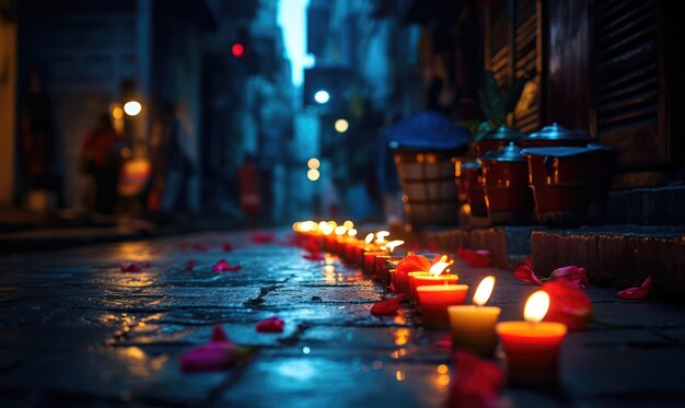 Foto una lámpara de diya encendida en la calle por la noche la calle de la noche iluminada por las lámparas de diya festival de luces