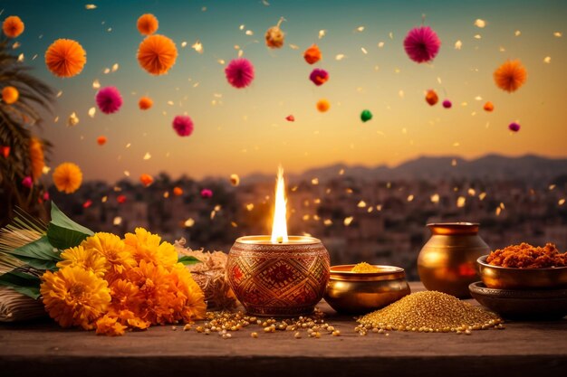 Lámpara Diya con especias para la celebración de Diwali en la mesa