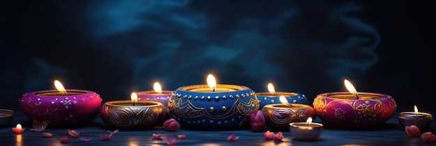 Lámpara de Diya mágica con luces en el fondo nocturno Festival indio de Diwali Lámparas de aceite encendidas en rangoli