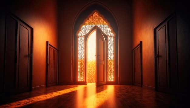 Lámpara elegante real con puerta sagrada de entrada a la mezquita Ramadan Kareem Eid Mubarak Generative Ai