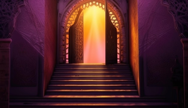 Lámpara elegante real con puerta sagrada de entrada a la mezquita Ramadan Kareem Eid Mubarak Generative Ai