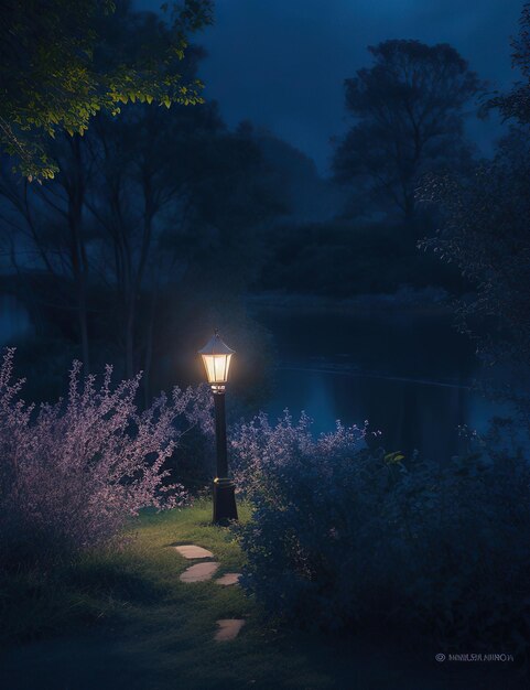 Lámpara encendida en el jardín al final de la noche.