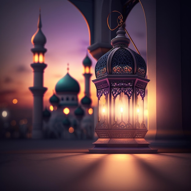 Una lámpara encendida con las palabras Ramadán.