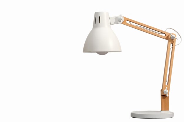 Foto lámpara de escritorio blanca con soporte de madera elemento de diseño aislado iluminación para el lugar de trabajo de la habitación