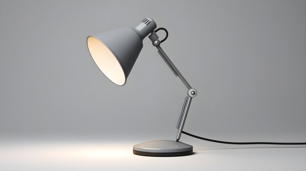 Una lámpara de escritorio contemporánea con líneas limpias aislada en un suave gris claro