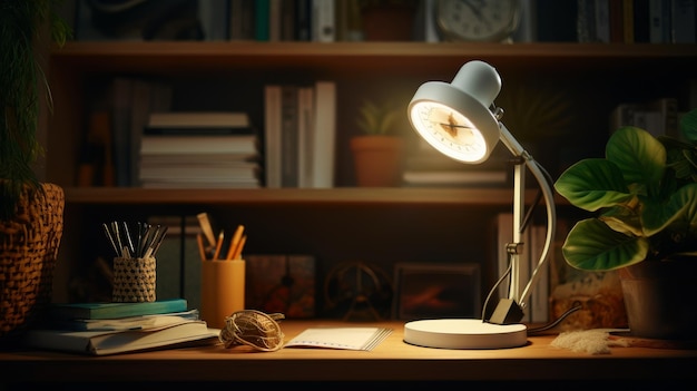 Lámpara de escritorio en escritorio de madera