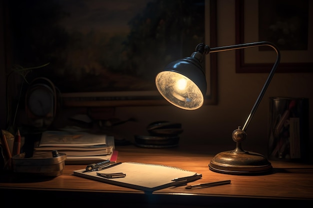 Una lámpara de escritorio con una lámpara y un bolígrafo encima.